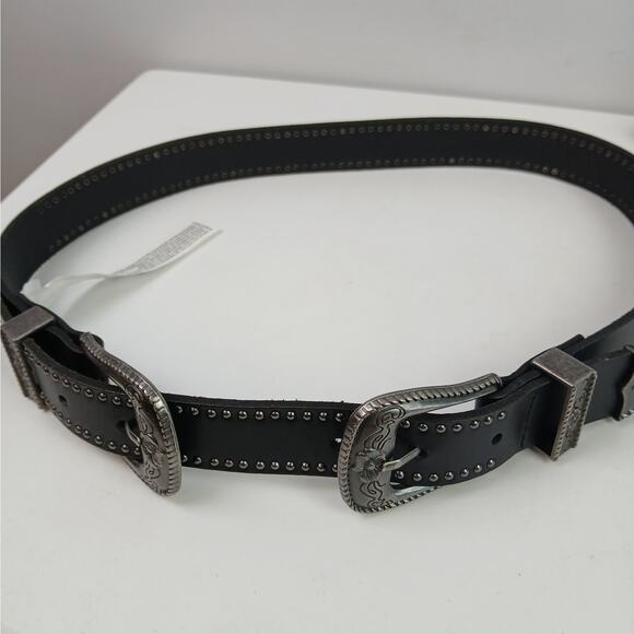 American Eagle SZ XS/S Leather Black & Antique Silver Double Buckle Belt NEW main image 4